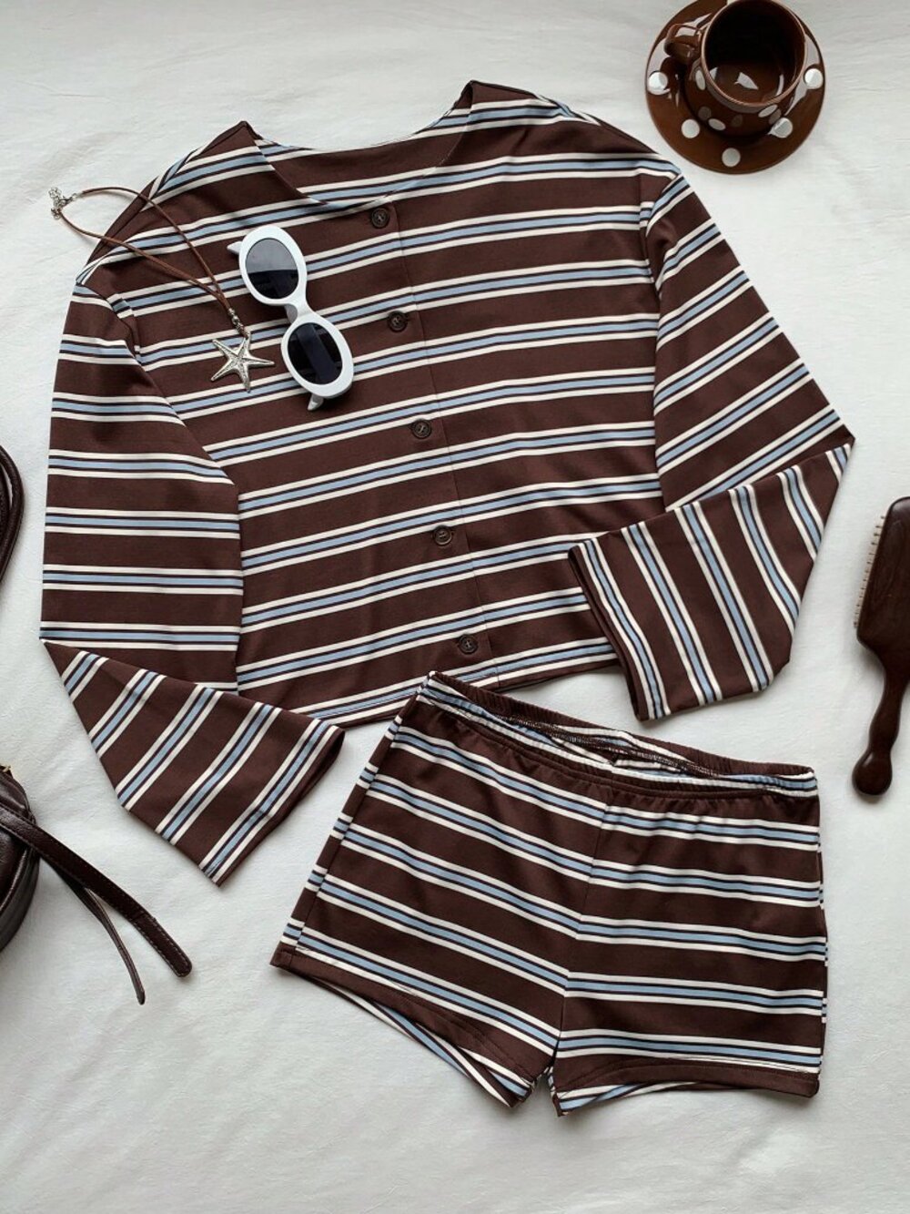 Coffee Brown Casual Women's Striped Top And Shorts Set - Picture 4 of 6